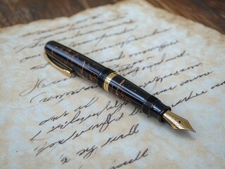 Fototapeta premium vintage fountain pen elegantly positioned on aged parchment with beautiful cursive handwritten text in warm natural light