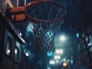 Rain-soaked basketball hoop illuminated by city lights at night in an urban setting