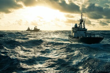 Fototapeta premium Two ships sail rough seas, sunset sky.