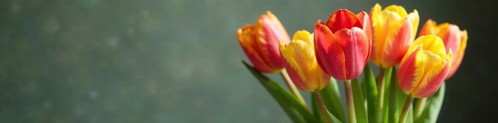 Obraz premium Spring tulips in a vase with green stems and leaves, garden, floral, flowers