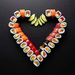 Obraz premium Valentine's day. Set with heart-shaped rolls for lovers on Valentine's day. February 14. Delicious and healthy Japanese cuisine. Love sushi