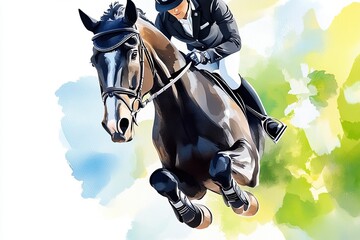 Artistic watercolor illustration capturing a galloping dark brown horse with a rider in motion during an equestrian show-jumping event in a serene natural setting