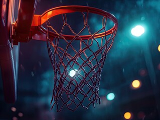 Basketball hoop with illuminated background during nighttime practice session