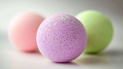 Three pastel bath bombs in pink, purple, and green.