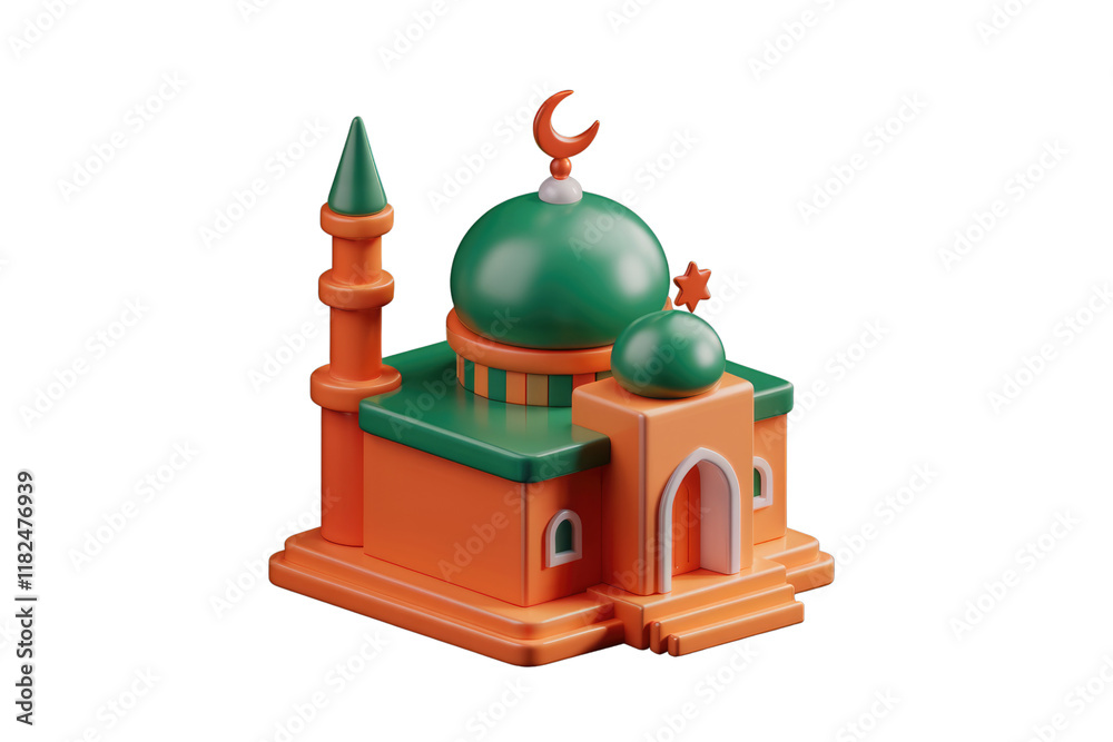 Poster a 3d rendering of a mosque, showcasing its vibrant orange and green color scheme with a crescent moo
