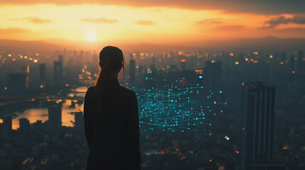 Fototapeta premium Abstract business woman stands on the peak of success amid tall, innovative Smart city and graphs with statistics to analyze business potential and predict future developments in company growth.