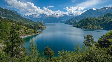 Stunning alpine lake with snow-capped mountains and lush forests under blue sky