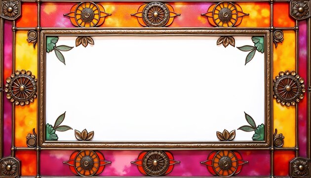 Diwali stained glass frame with lotus and oil lamp motifs on a white background  