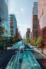 City street, futuristic overlay, glass buildings, data streams.