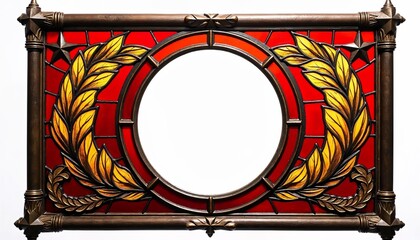 Victory Day stained glass frame with laurel and medal motifs on a white background  
