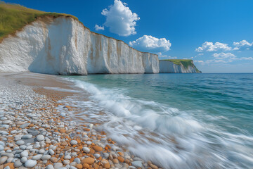 Plage de galets avec falaises blanches sous ciel ensoleill&eacute;