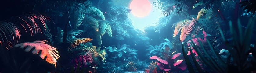 A vibrant nocturnal rainforest scene illuminated by moonlight, showcasing lush foliage with colorful plants and a dreamy atmosphere that evokes a sense of wonder and exploration.