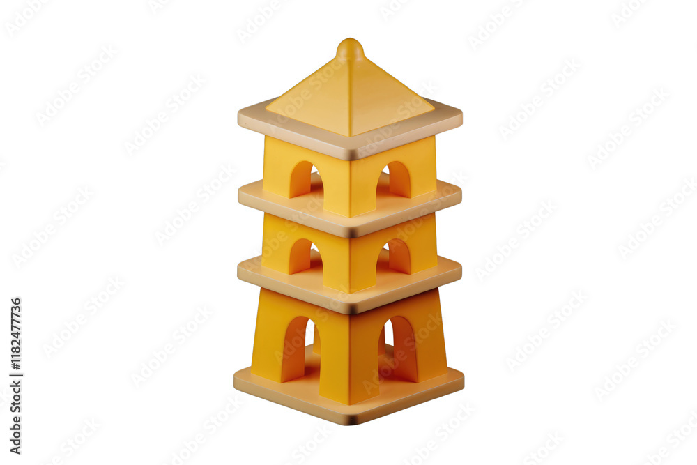 Poster three-tiered, yellow pagoda-style structure with arched openings, rendered in 3d. background removed