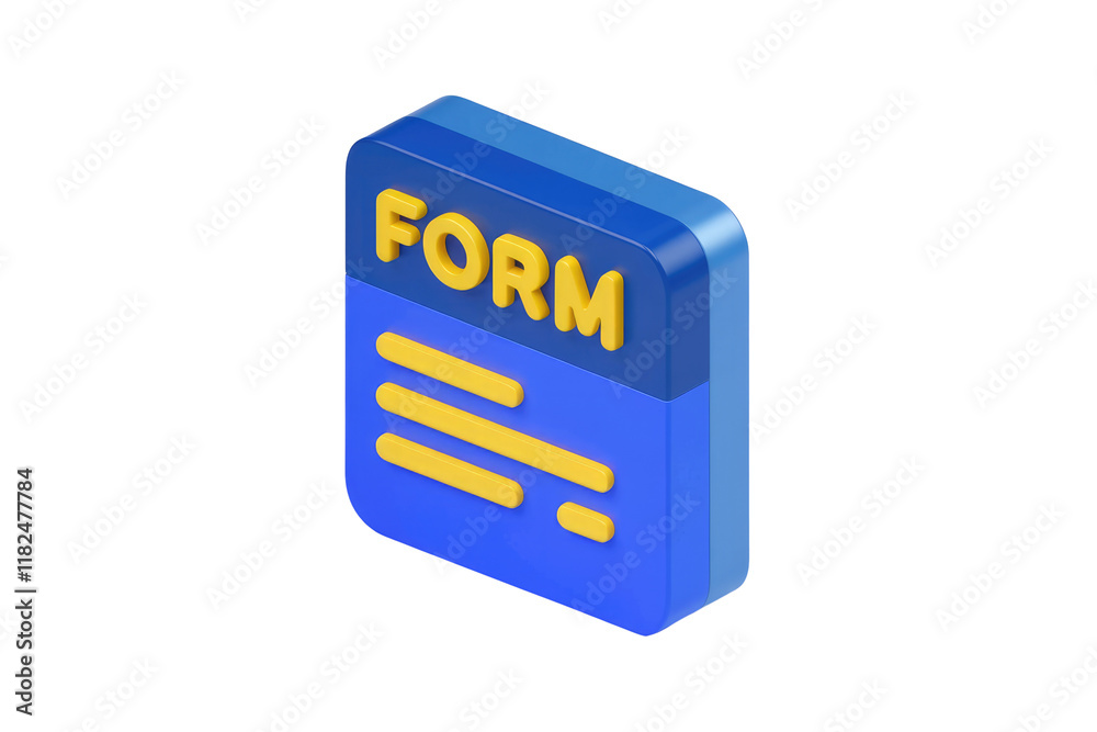Poster 3D rendering of a blue form icon with yellow text and lines, representing online forms and data entry. background removed