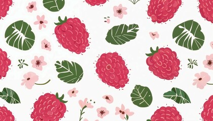 Seamless Pattern with Raspberries and Floral Elements in a Whimsical Botanical Design