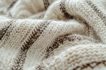 Close-up of cozy beige and brown knit fabric with textured weave