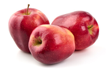 Red ripe apples with water drops, isolated on white background. Fresh raw organic fruits.