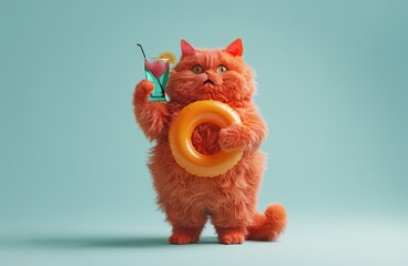 Funny cartoon red fat cat with a cocktail in one paw and a life preserver in the other. Vacation, holiday concept. AI generated.
