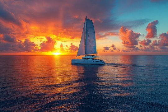 Luxury catamaran sailing on the ocean during a breathtaking sunset with vibrant clouds and golden reflections on the water