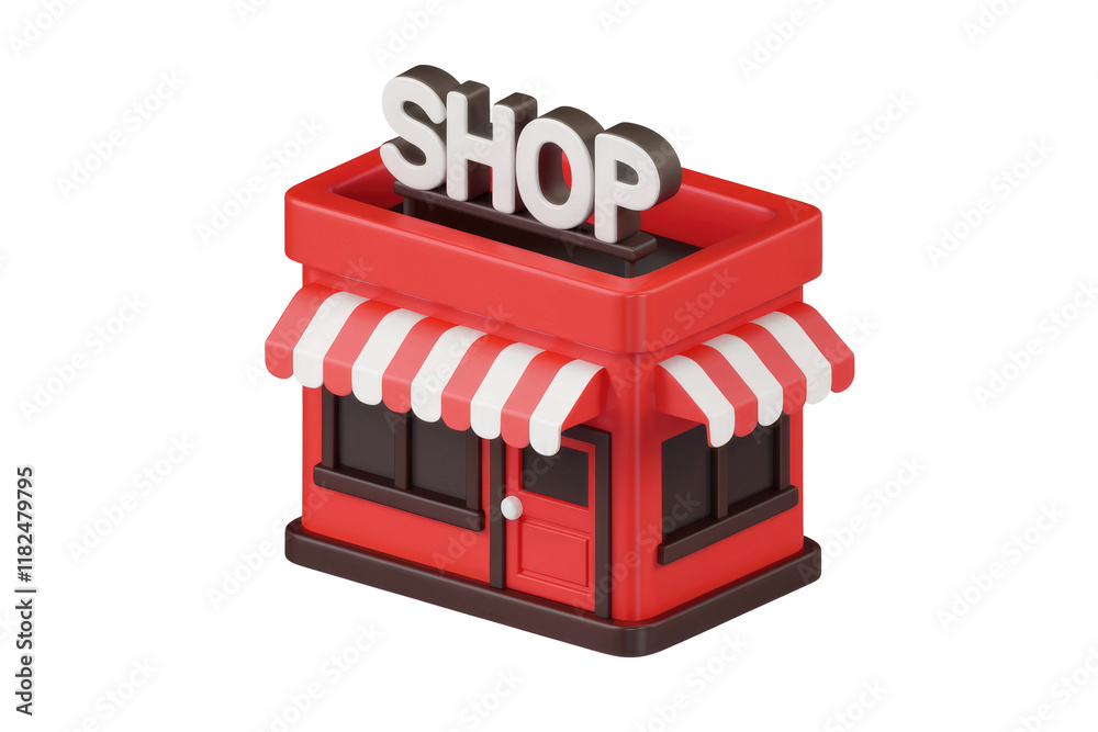 Aufkleber A 3D rendering of a cute red shop building with a striped awning and a SHOP sign. background removed
