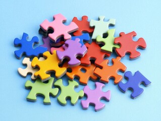 Obraz premium Colorful jigsaw puzzle pieces scattered on a blue background. (1)