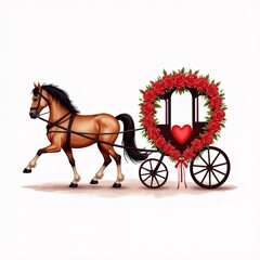 The image shows a horse-drawn carriage with a heart-shaped wreath made of red roses. The carriage is made of wood and has four wheels.