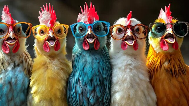 Colorful Group of Chickens Wearing Sunglasses in a Playful and Vibrant Composition. Ideal for Quirky Advertisements, Children&rsquo;s Content, or Humorous Designs