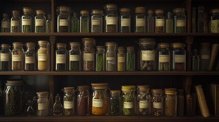 Warm and Cozy Shelving Filled with Labeled Jars of Herbs and Spices