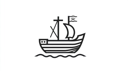Black outline of a ship with skull flag, on waves, on white backdrop, for use as an icon or graphic