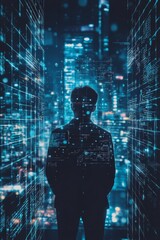 Fototapeta premium Silhouette stands before glowing digital data.