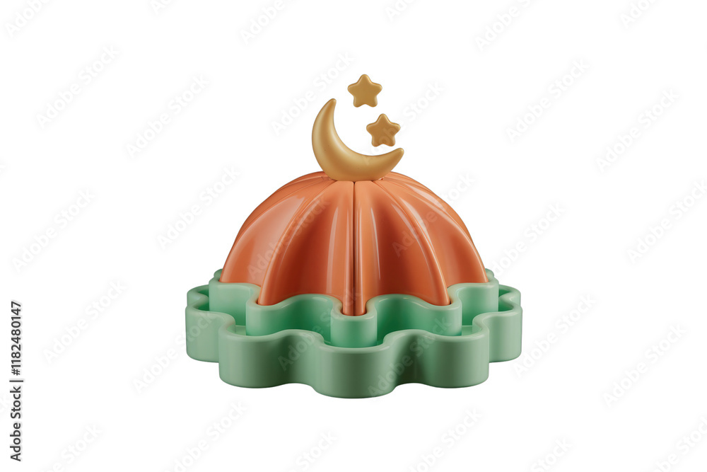 Poster 3d render of a stylized mosque dome with crescent moon and stars, symbolizing islam. background remo