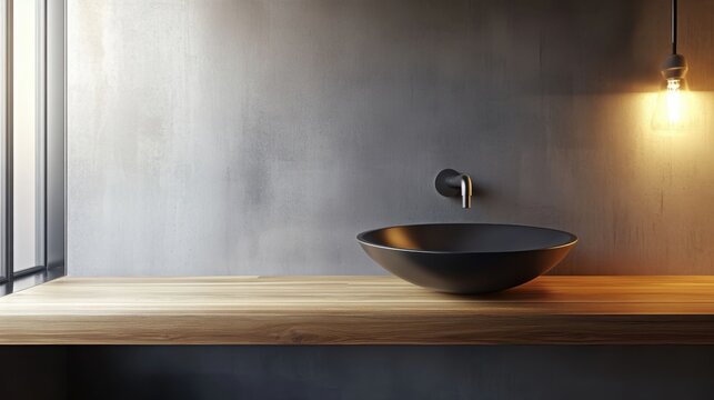 Modern minimalist bathroom, stone basin sink, wooden countertop, metallic wall texture, industrial chic, matte black faucet, ambient lighting, sleek design, neutral tones, luxury spa aesthetic, Japane