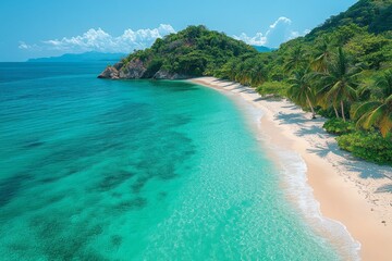 Fototapeta premium A breathtaking view of a pristine tropical beach with turquoise waters, soft white sand, and lush greenery along the coastline, under a bright and clear sky.
