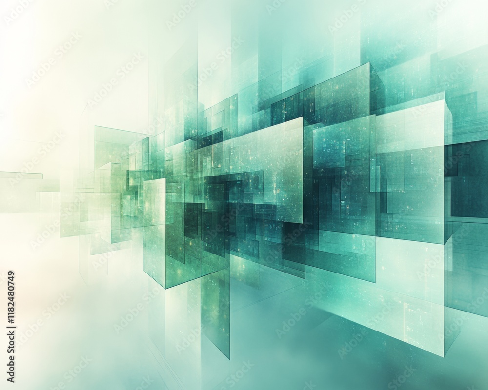 Poster futuristic digital security abstract geometric data streams in pastel blues and greens