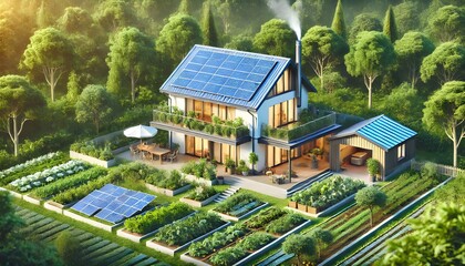 Eco-Friendly Home with Solar Panels and a Lush Garden