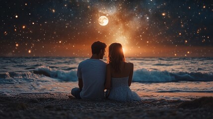 Young caucasian couple enjoys romantic beach sunset under starry night sky