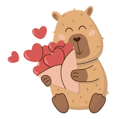 A cute vector illustration of a happy capybara holding a bouquet of hearts. Ideal for Valentine's Day cards, stickers, posters, and social media. Adorable and playful design with a warm, joyful vibe.