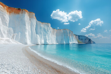 Plage de galets avec falaises blanches sous ciel ensoleill&eacute;