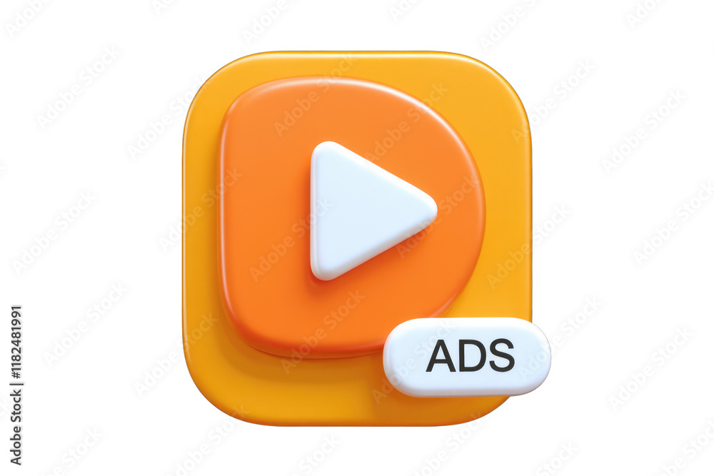 Poster 3D render of an orange video player button with a white play icon and an 'ADS' label. background removed
