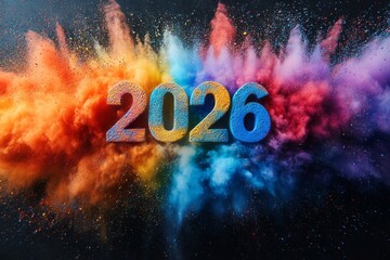2026 in bold colorful powder explosion design, symbolizing celebration, creativity, and vibrant energy for event promotions, year highlights, and artistic campaigns