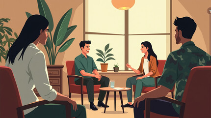 People seated in a group, engaged in discussion in a cozy room with indoor plants and warm light. Concept of dialogue and teamwork. Concept of support group