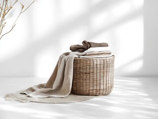 Knitted blankets and towels in a wicker basket on a rug.