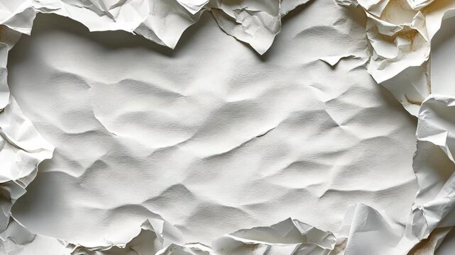Crumpled white paper texture with natural creases and folds highlighting intricate details and shadows