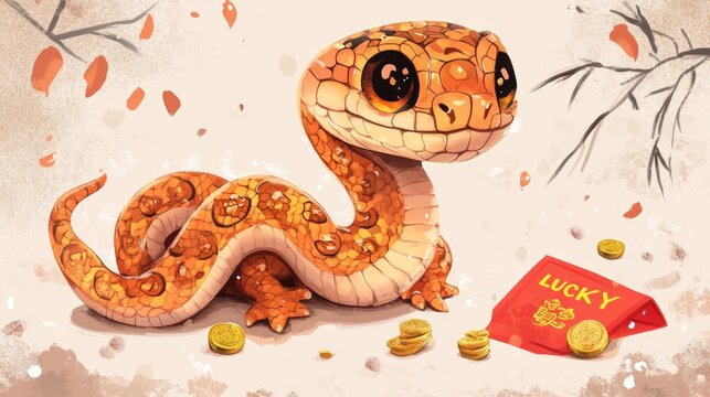 Adorable cartoon snake with coins and lucky envelope amidst falling leaves