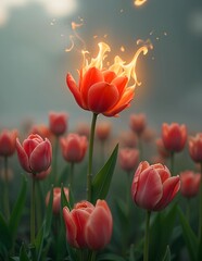 Obraz premium Field of red tulips with a tulip on fire, red tulip field with a tulip on fire for wallpaper