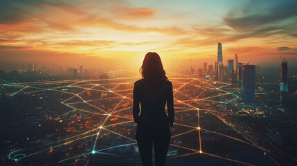 Fototapeta premium Abstract business woman stands on the peak of success amid tall, innovative Smart city and graphs with statistics to analyze business potential and predict future developments in company growth.