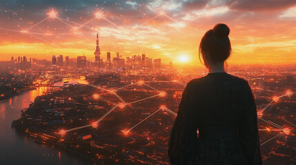 Abstract business woman stands on the peak of success amid tall, innovative Smart city and graphs with statistics to analyze business potential and predict future developments in company growth.