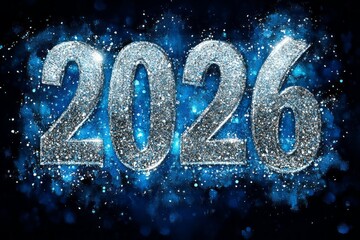 Glittering 2026 in silver on a vibrant blue sparkling background, ideal for New Year celebrations, event invitations, festive promotions, and milestone announcements