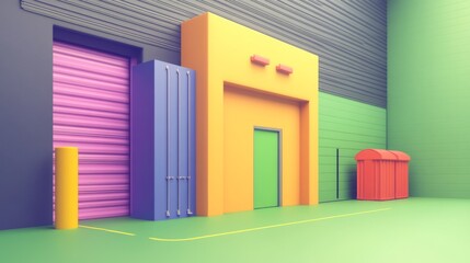 Cargo Management concept. Colorful industrial doors set against a vibrant green wall.