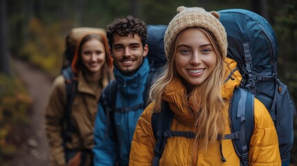 Young caucasian adults hiking in forest with backpacks and smiling faces